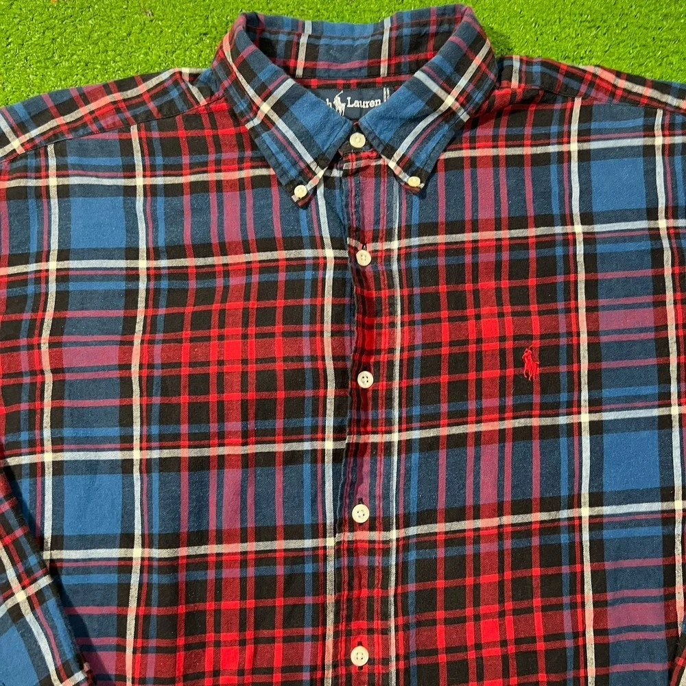 Vintage‎ Polo Ralph Lauren Flannel Shirt XL USA red White Blue Plaid 90s 